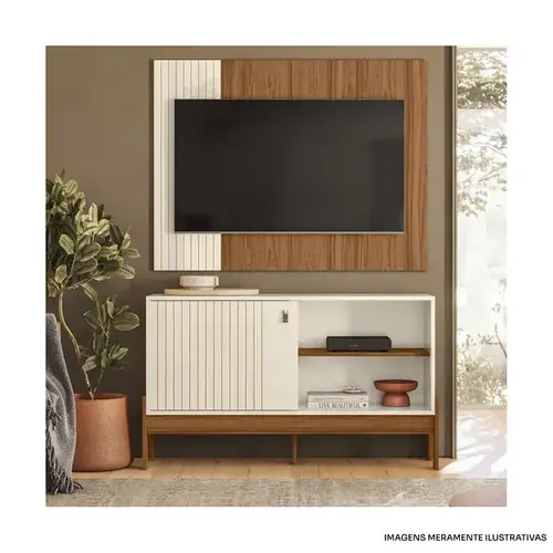 Rack com Painel Mobler Wood Cinza Mel e Branco
