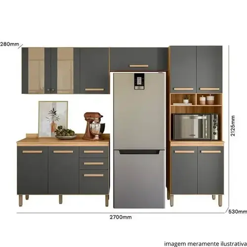 Cozinha Modulada Nicioli Intenza Nubia 4 Peças em MDP 270 cm - Freijó e Chumbo