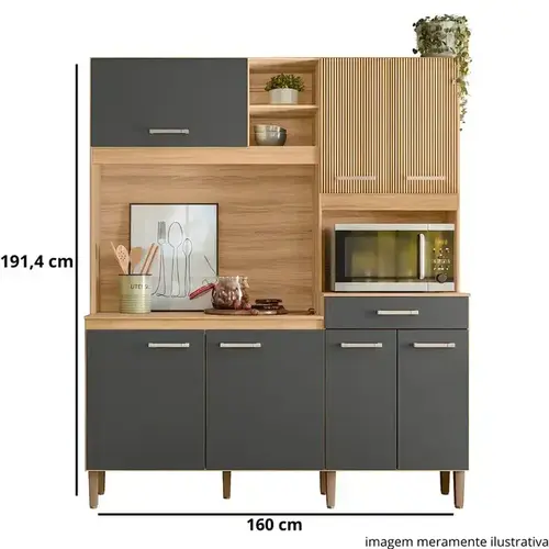 Kit Cozinha Compacta Nicioli Yara 7 Portas e 1 Gaveta 160 cm - Freijó e Chumbo