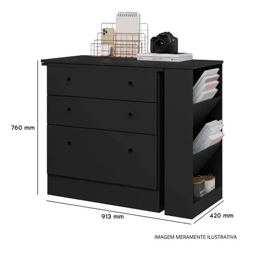 Cômoda Qmovi com Mesa Giratória 3 Gavetas Preta