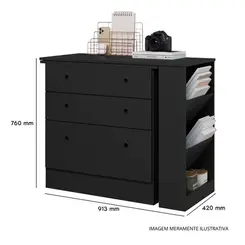 Cômoda Qmovi com Mesa Giratória 3 Gavetas Preta