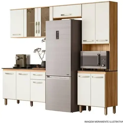 Cozinha Modulada com Balcão Nicioli Fit em MDP 261 cm - Freijó e Off White Cristal