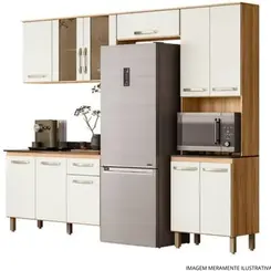 Cozinha Modulada com Balcão Nicioli Fit em MDP 261 cm - Freijó e Off White Cristal