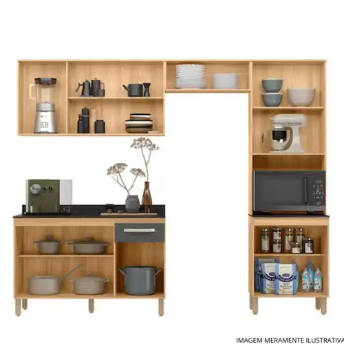 Cozinha Modulada com Balcão Nicioli Fit em MDP 261 cm - Freijó e Chumbo
