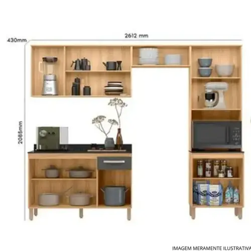 Cozinha Modulada com Balcão Nicioli Fit em MDP 261 cm - Freijó e Chumbo