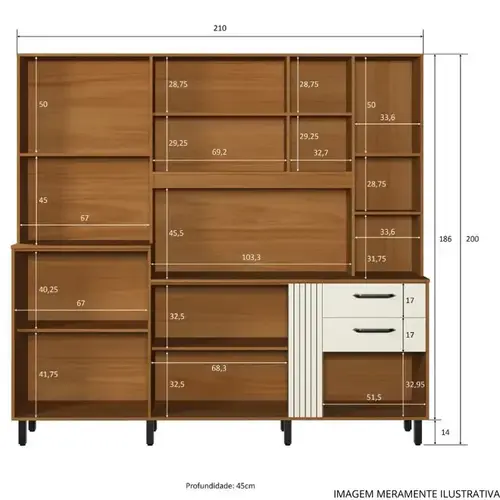 Armário de Cozinha Casamia Sole 10 Portas e 2 Gavetas 210 cm - Nature e Champanhe