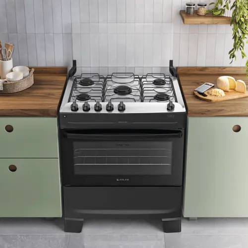 Fogão Atlas Mônaco Top 5 Bocas Mesa Inox Acendimento Automático Preto Bivolt